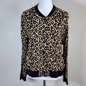 Twik Leopard Print Bomber Cardigan Womens Large Tan Black Snap Front Rayon Coat